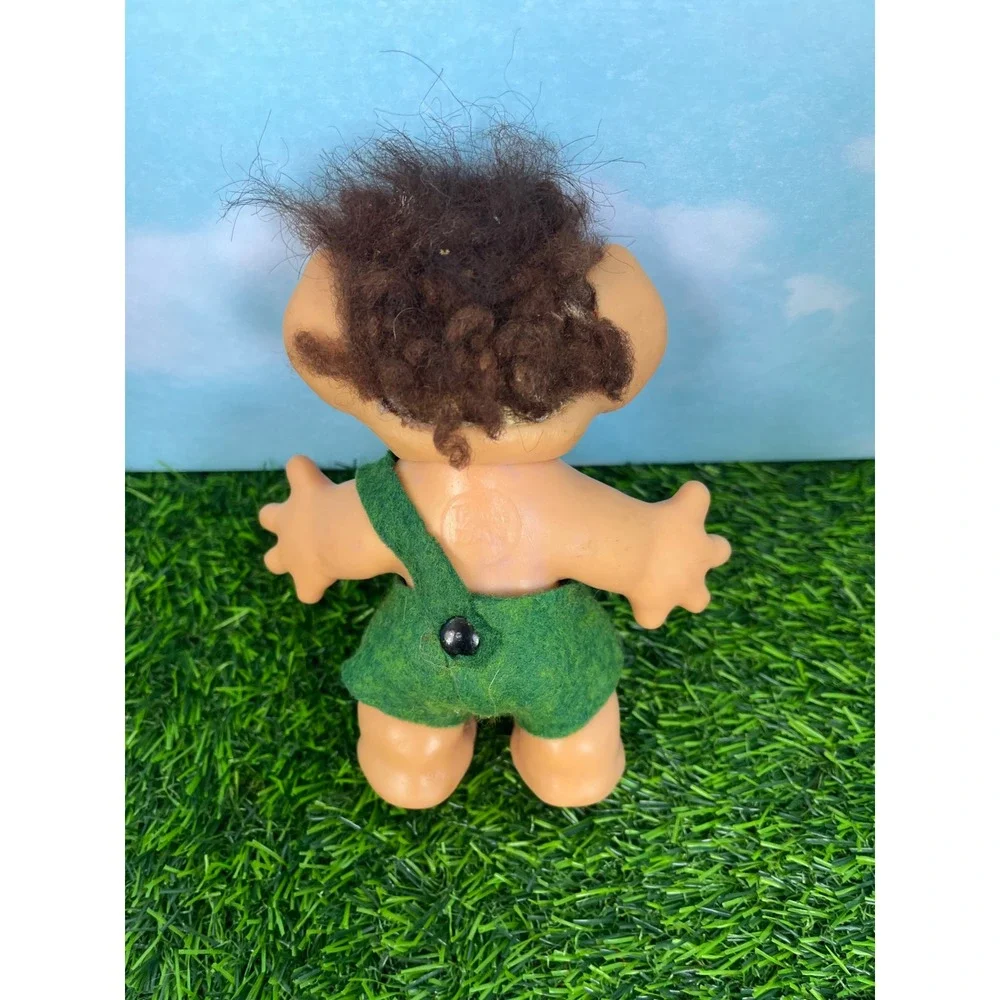 Vintage Thomas Dam Troll Doll Brown Hair Amber Eyes Green Overalls Collectible